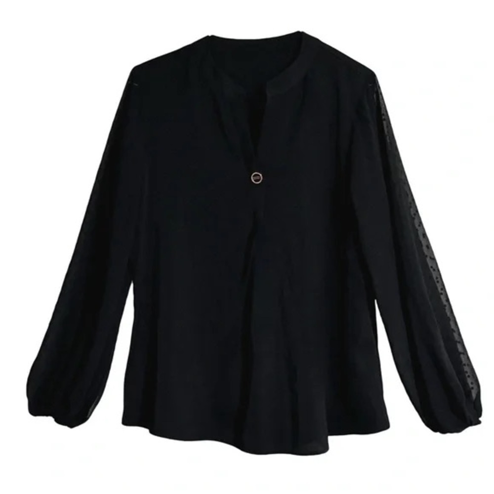 Women’s Black Blouse Gold Accent Sheer Sleeves Work Top